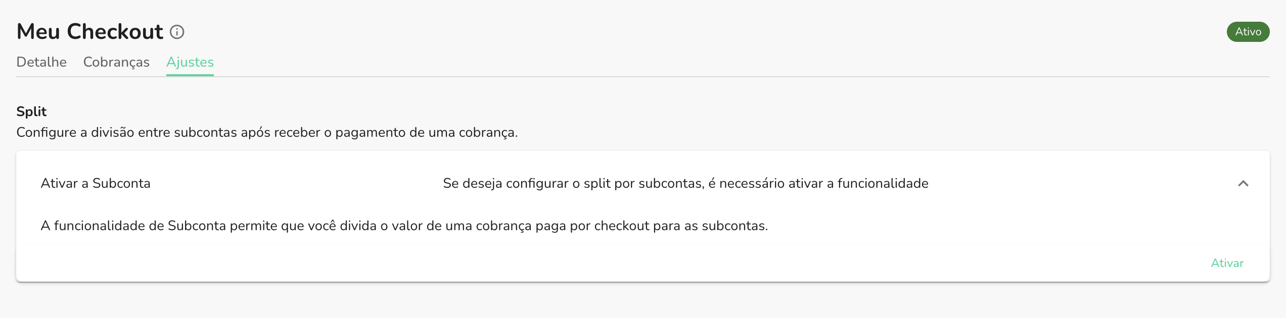 Seção para ativar o módulo de Subcontas no detalhe do Checkout